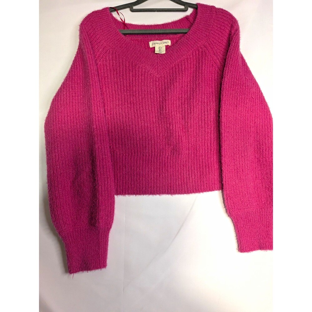 Happily Grey Women's Pink Solid Ribbed Knit V-Neck Balloon Sleeve Sweater L